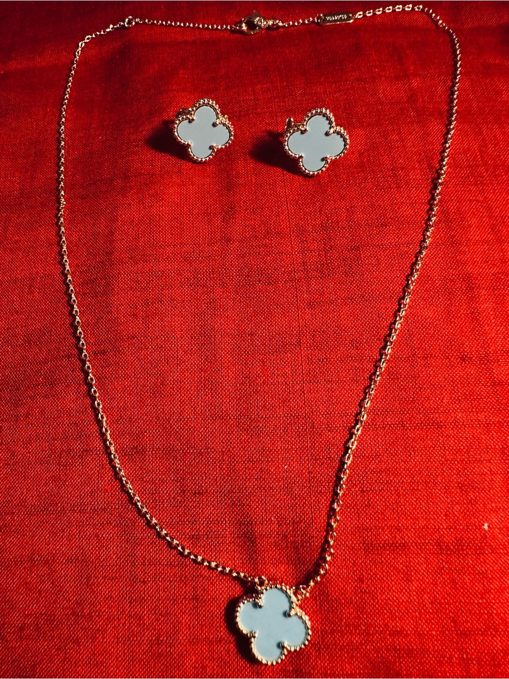 Gold-Tone light blue Clover Necklace and Stud Earrings inspired